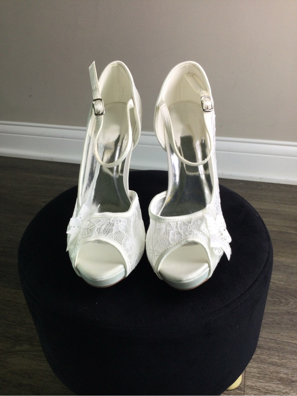 Ivory Lace Peep-Toe Ankle Strap Heels